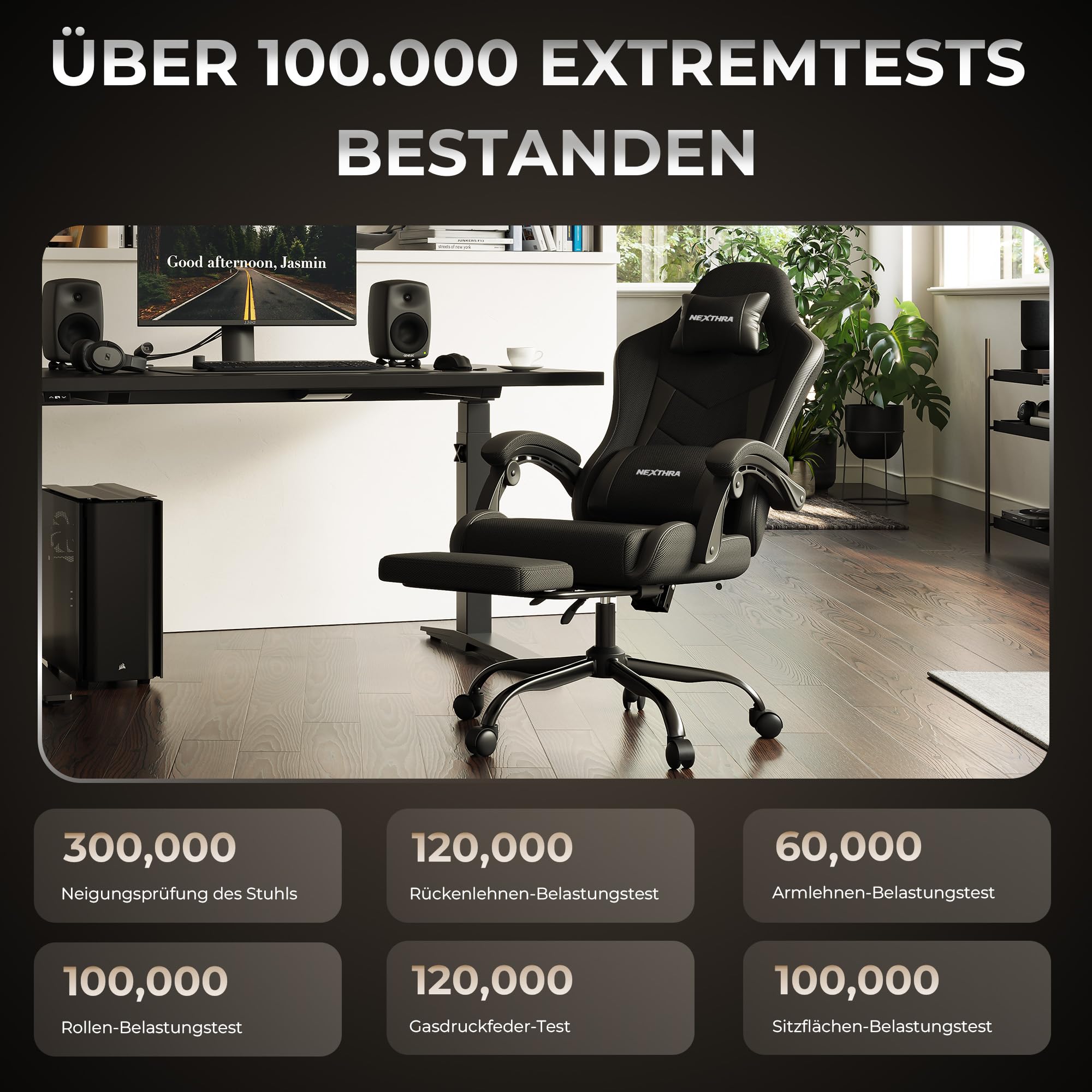 Nexthra Gaming Stuhl Ergonomisch mit Fußstütze, Gepolsterter Gamer Stuhl bis 180 kg, 150° Verstellbare Rückenlehne, Komfortabler Gamingstuhl Bürostuhl für Gaming und Büro, Schwarz