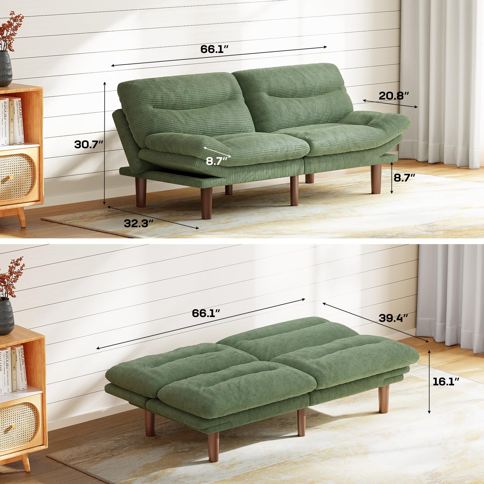 Marsail 66" Futon Sofa Bed, Futon Couch with Adjustable Backrest & Armrests, Convertible Sleeper Sofa Bed for Apartment, Living Room, Office, Corduroy Loveseat, Green