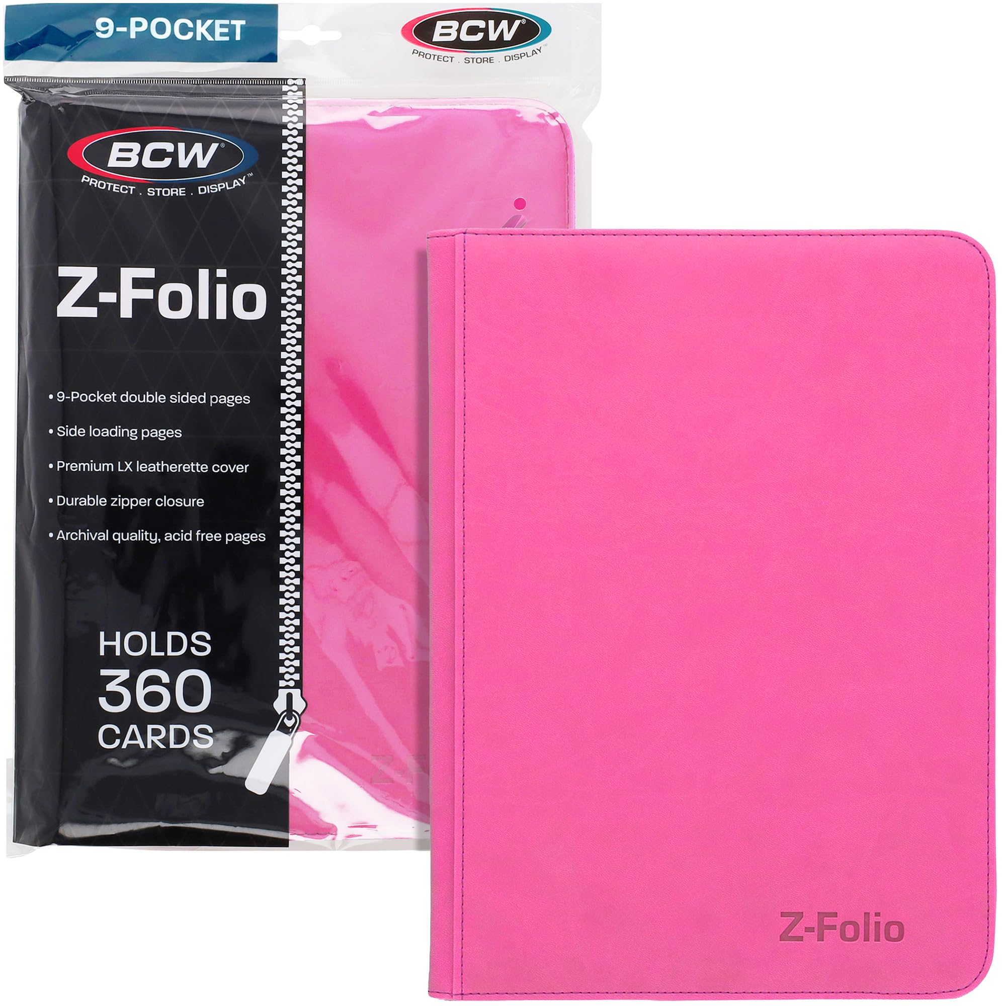 BCW Z-Folio 9-Pocket LX Album - Pink | Secure Zipper Card Organizer | Premium Leatherette Card Collection Binder