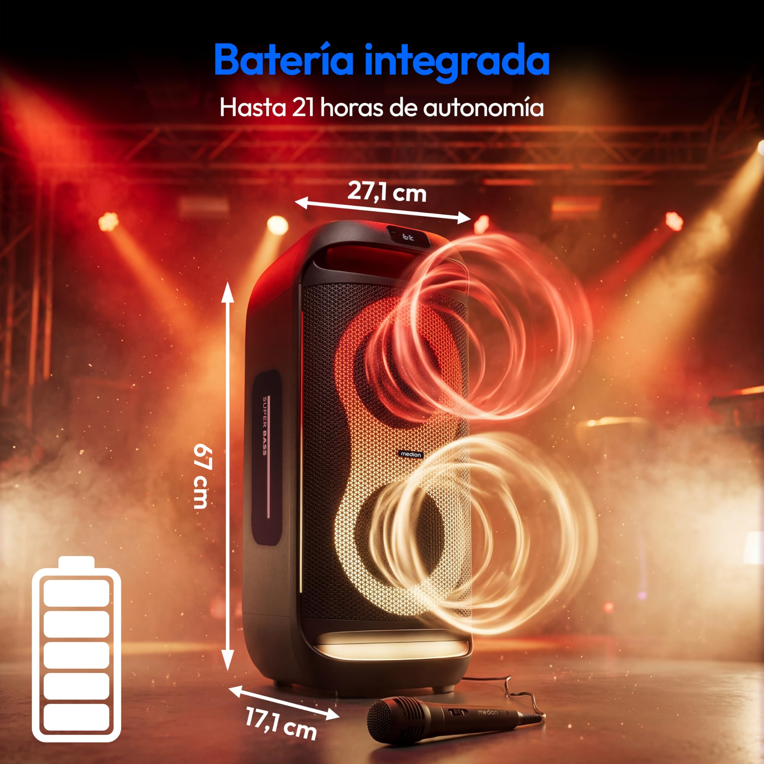 MEDION PE-2 Plus Partybox batería con micrófono - Altavoz Grande | Equipo de fiesta con karaoke, luces, entradas micro y guitarra, Bluetooth portátil, AUX, USB
