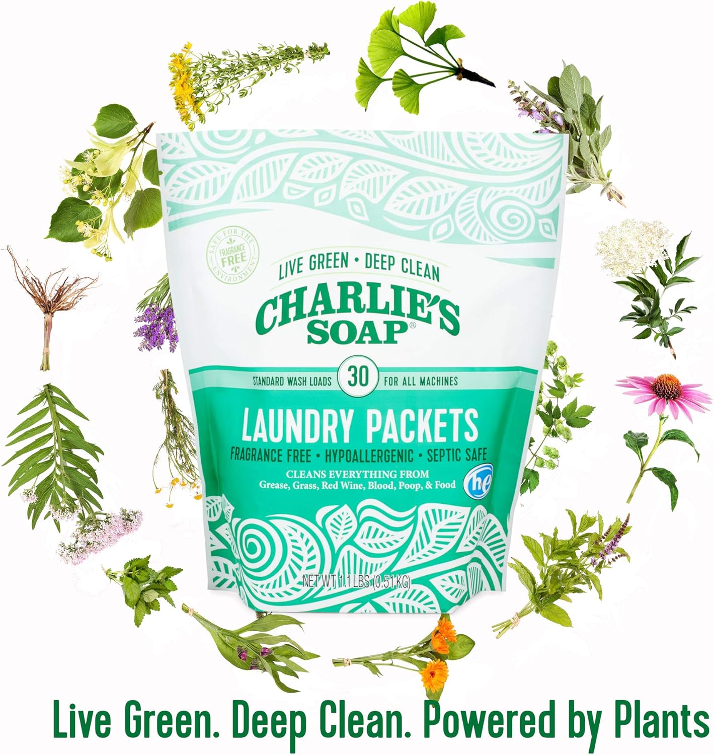 Charlie's Soap - Fragrance Free Laundry Packets - 30 Count (Three 30-count Bags, 90 Total Loads)