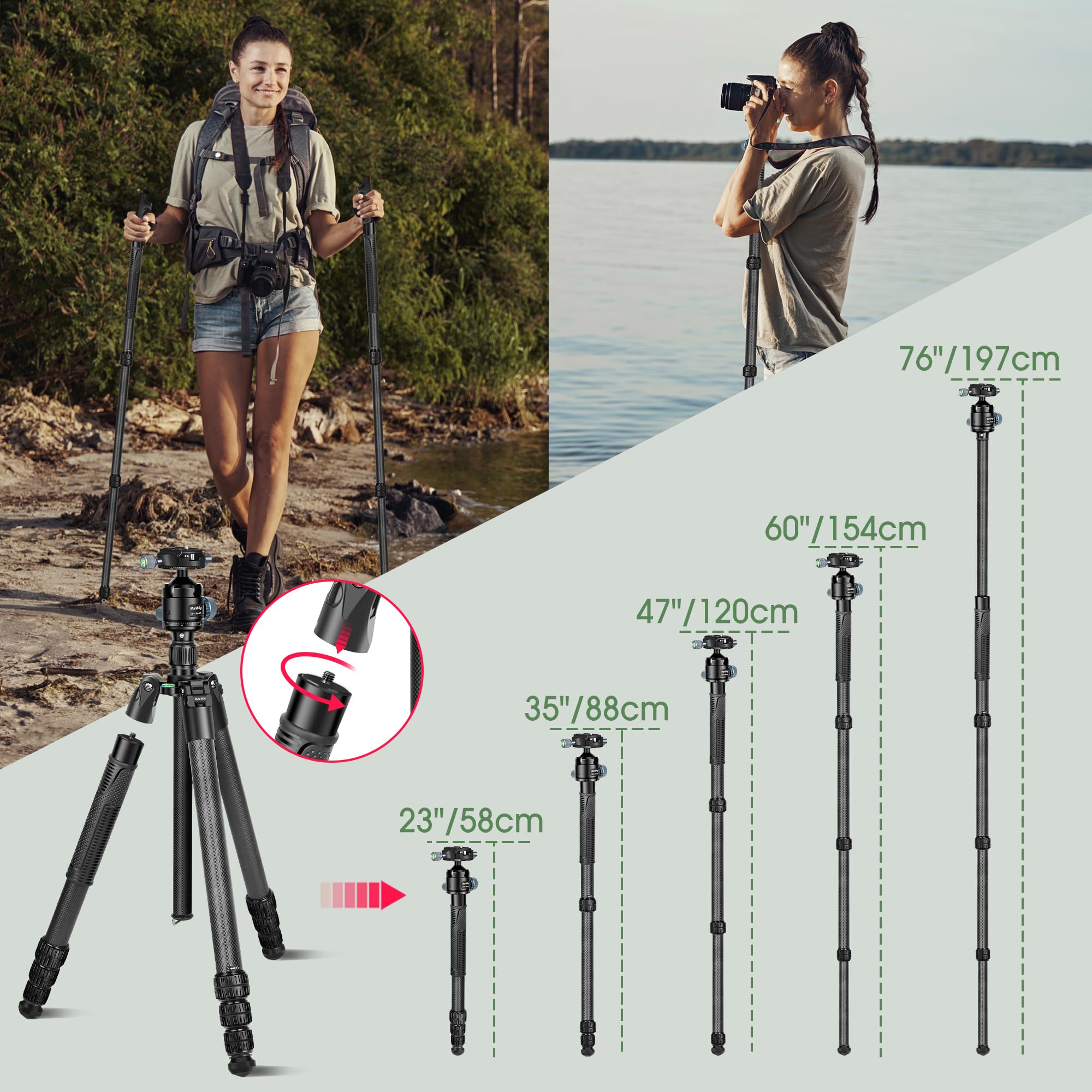 Manbily Treppiede per fotocamera in fibra di carbonio da 13"-76" con tubo da 32 mm, treppiede portatile per fotografia con testa a sfera panoramica a 360° da 44 mm, carico massimo 20 kg, piastra Arca