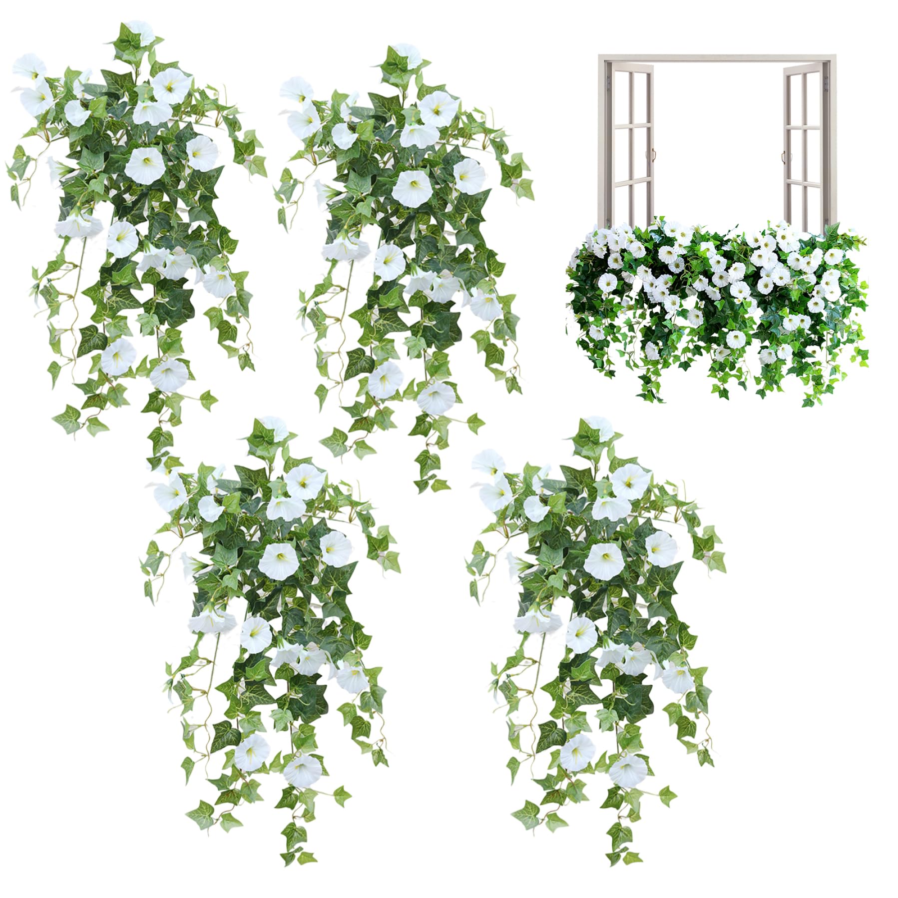 Flores artificiales colgantes para exteriores 4 ramos de petunias artificiales blancas de 66 cm de largo petunias de seda sintética resistentes a los rayos UV flores colgantes para bodas y jardines.