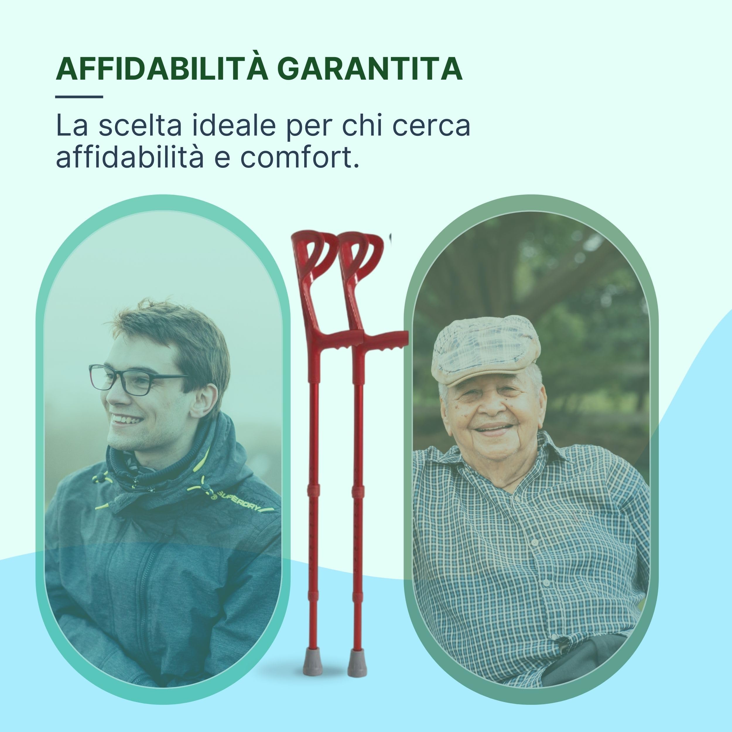 Stampelle Ortopediche Regolabili in 1 Paio Altezza Blu - Doppia Stampella Ortopedica con Anello Antirumore, Pomello Rifrangente e Impugnatura Antiscivolo