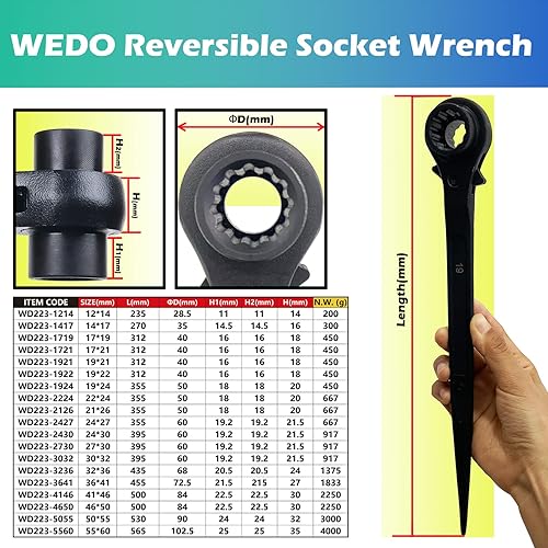 Miniatura 2 de WEDO Llave de vaso de trinquete, 0.866x0.945 in, Negro, Cromo, 13.976 in, Acero Cromo Vanadio Forjado