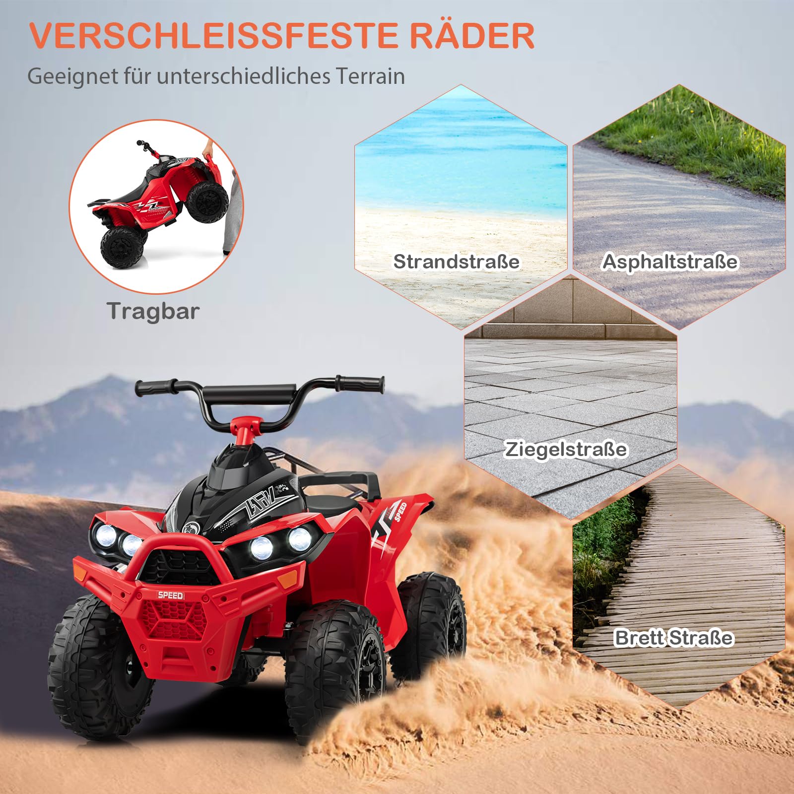 DREAMADE Kinderquad ATV, 12V Elektroquad mit LED-Lichtern,Hupe, Musik & Ladegerät, 2,15-4,3 km/h, Elektrofahrzeug für Kinder 3-8 Jahre (Rot)