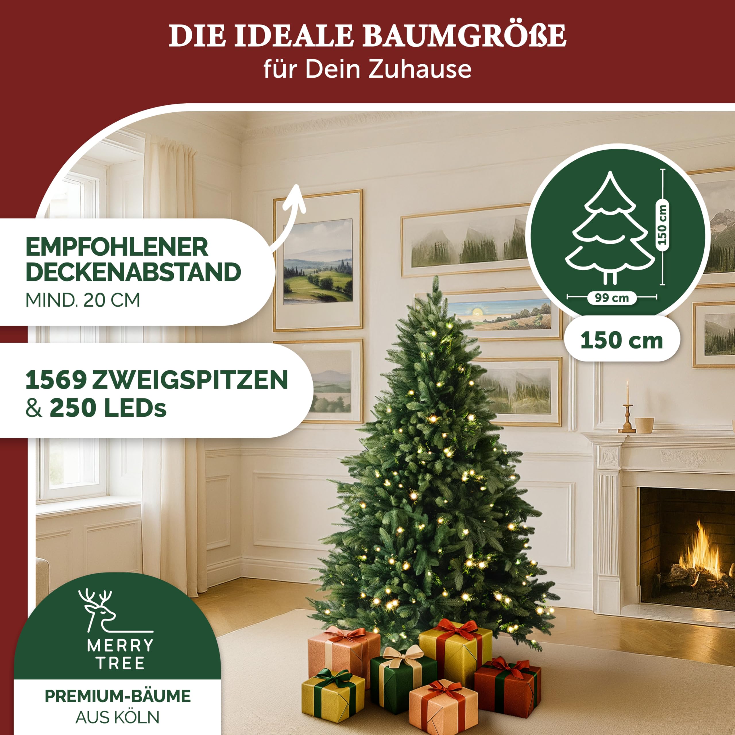 Premium künstlicher Weihnachtsbaum 150cm - Weihnachtsbaum mit Beleuchtung LED - Tannenbaum Spritzguss 100% PE-Nadeln inkl. Holzfuß - Tannenbaum künstlich mit Beleuchtung - Christmas Tree