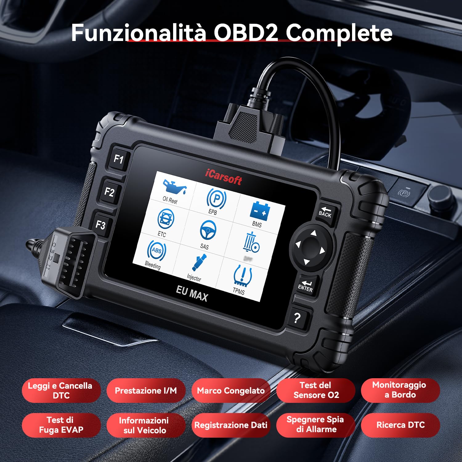 iCarsoft EU MAX OBD2 Auto Diagnostica per Marchi Europei, Diagnosi Auto Professionale in Italiano per Tutti i Sistemi, 48 Funzioni di Ripristino, Test Bidirezionale, Auto VIN, Aggiornamento a Vita