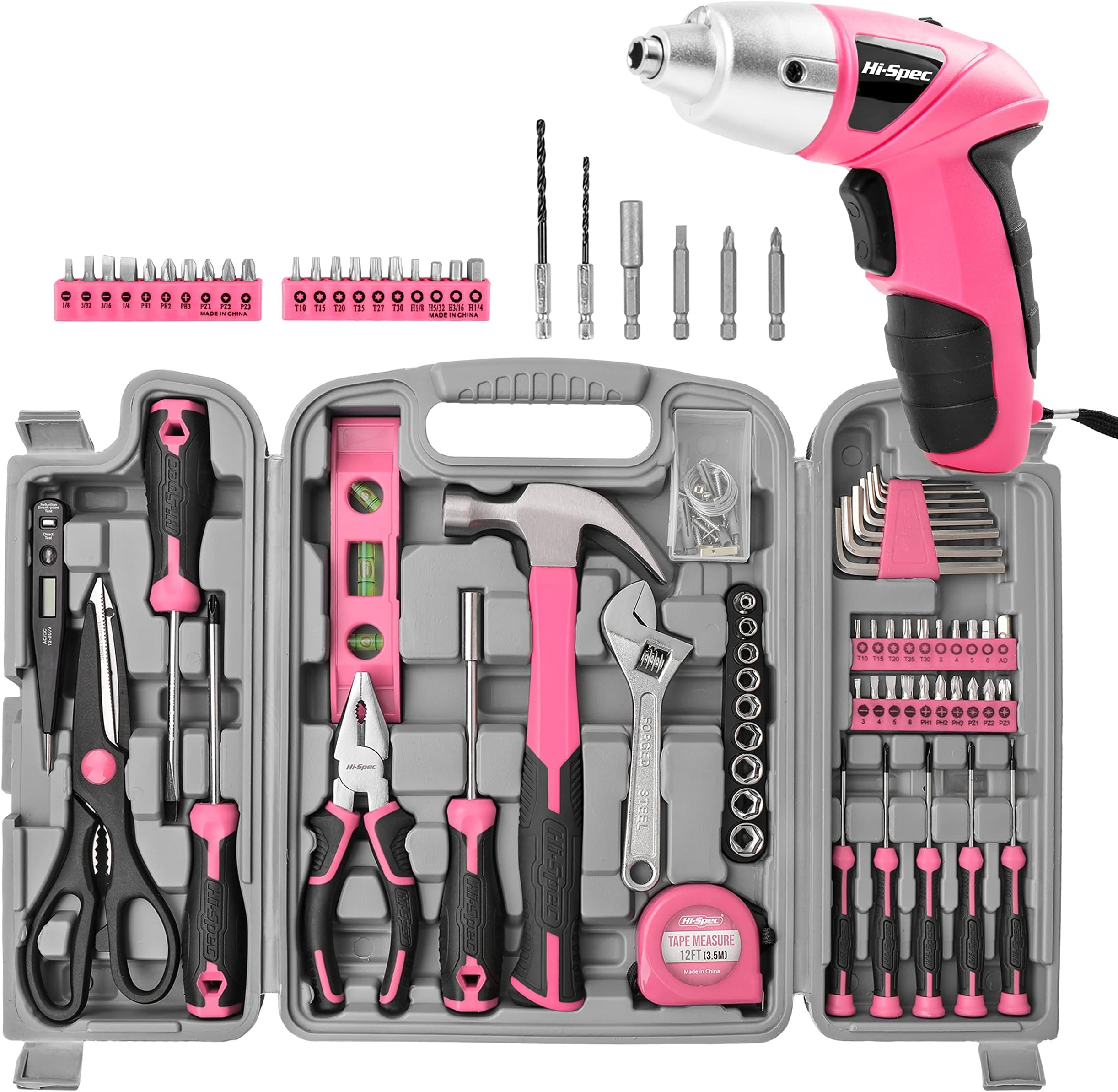 Hi-Spec27pc Pink 3.8V Electric Cordless Power Screwdriver Bundle with 54pc Home DIY Tool Kit for Women, Office & Garage.