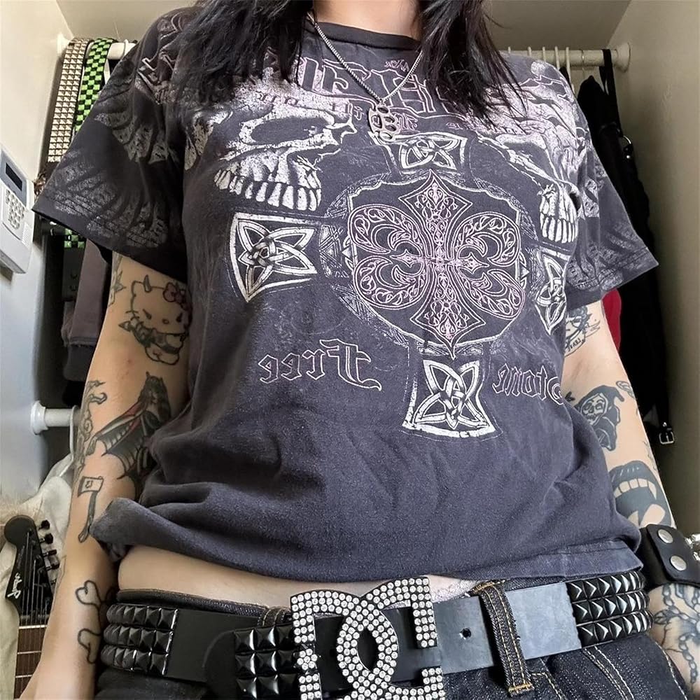 Womens Y2k Skull Graphic Print Crop Tops 90s Vintage