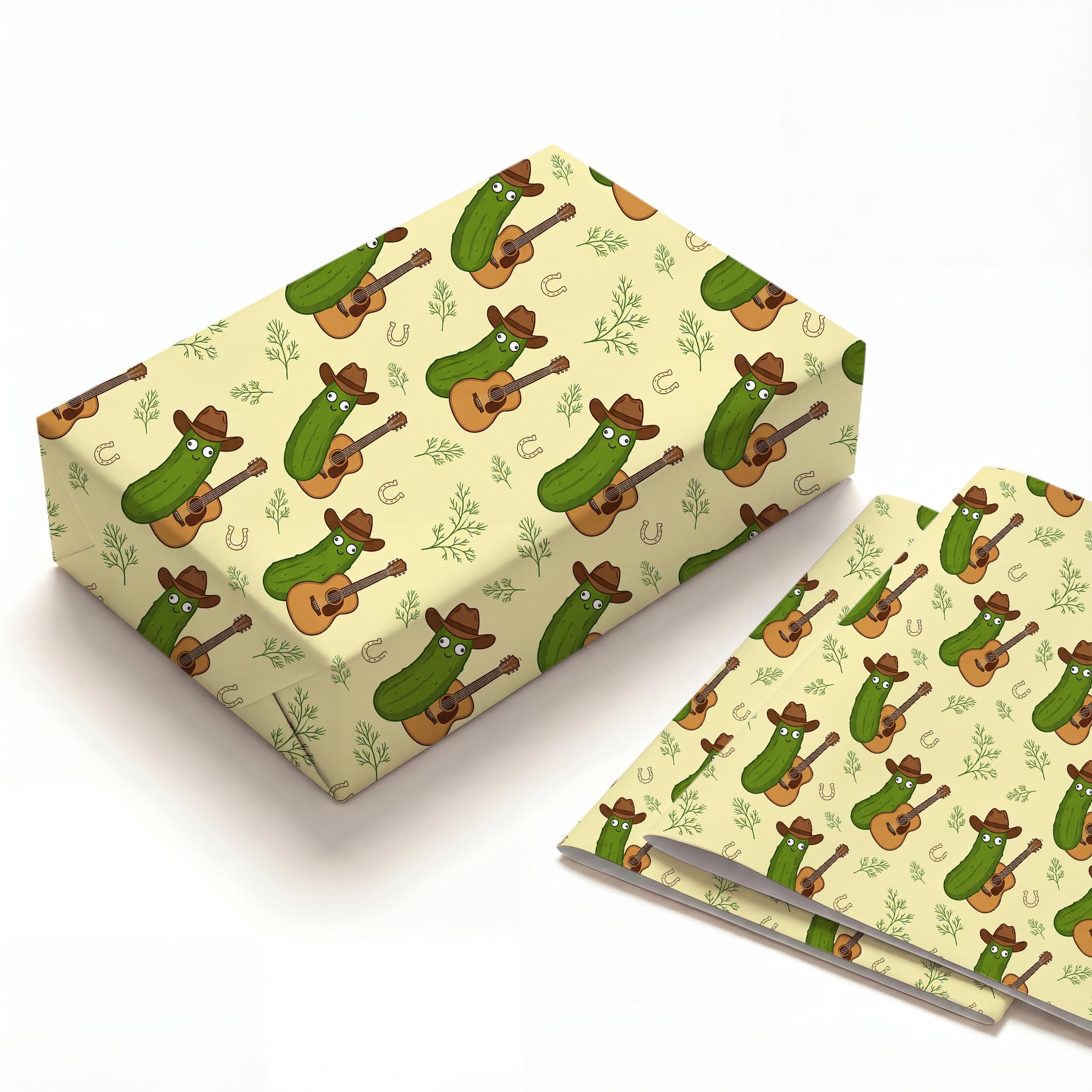 Funny Cowboy Pickle Wrapping Paper, 2 Sheets Folded Flat Gift Wrap, Heavyweight Kraft for Men Dad Husband Birthday Fathers Day, Country Western Guitar Gag Gift Present