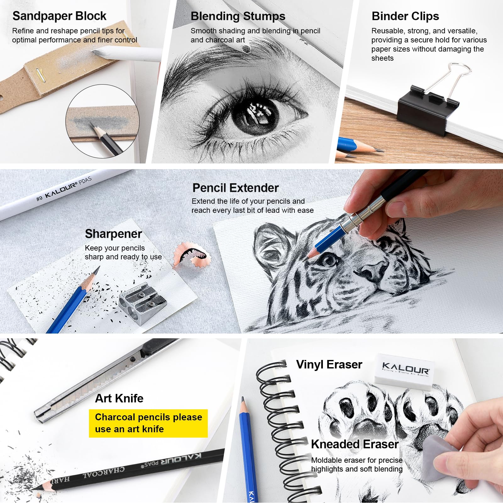 KALOUR PDAS 82 Set da disegno Kit per schizzi, Forniture artistiche professionali con matite fluorescenti, colorate, acquerellabili, metalliche, in grafite, carboncino,5 album da disegno e da colorare