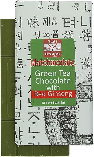 Matchacolate Té verde Matcha con barra de chocolate de ginseng rojo, 3 onzas