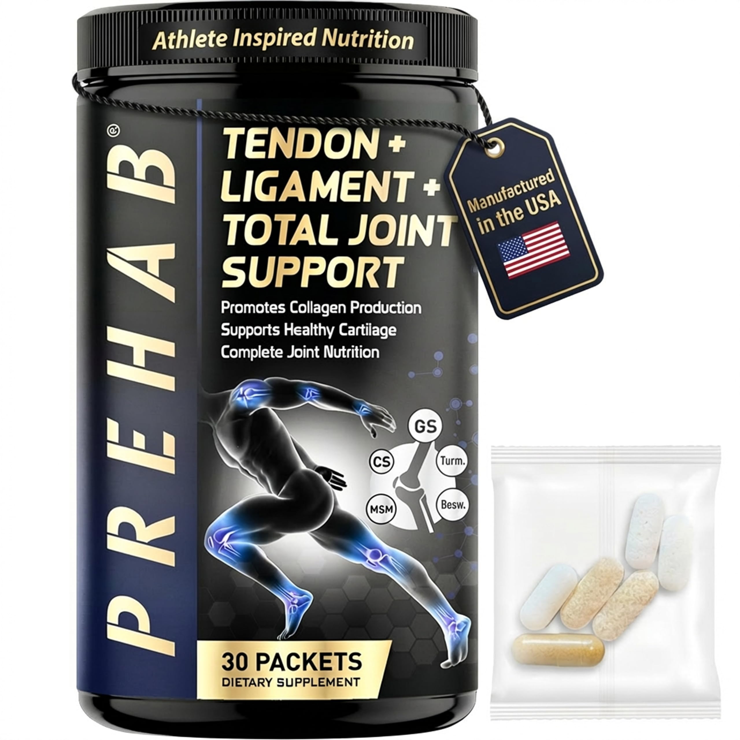 PREHAB Tendon + Ligament + Total Joint Support | #1 Joint Supplement for Athletes | 40 Ingredient Super Complex | Glucosamine Chondroitin MSM Turmeric | Premium Tendon Ligament Joint Supplement