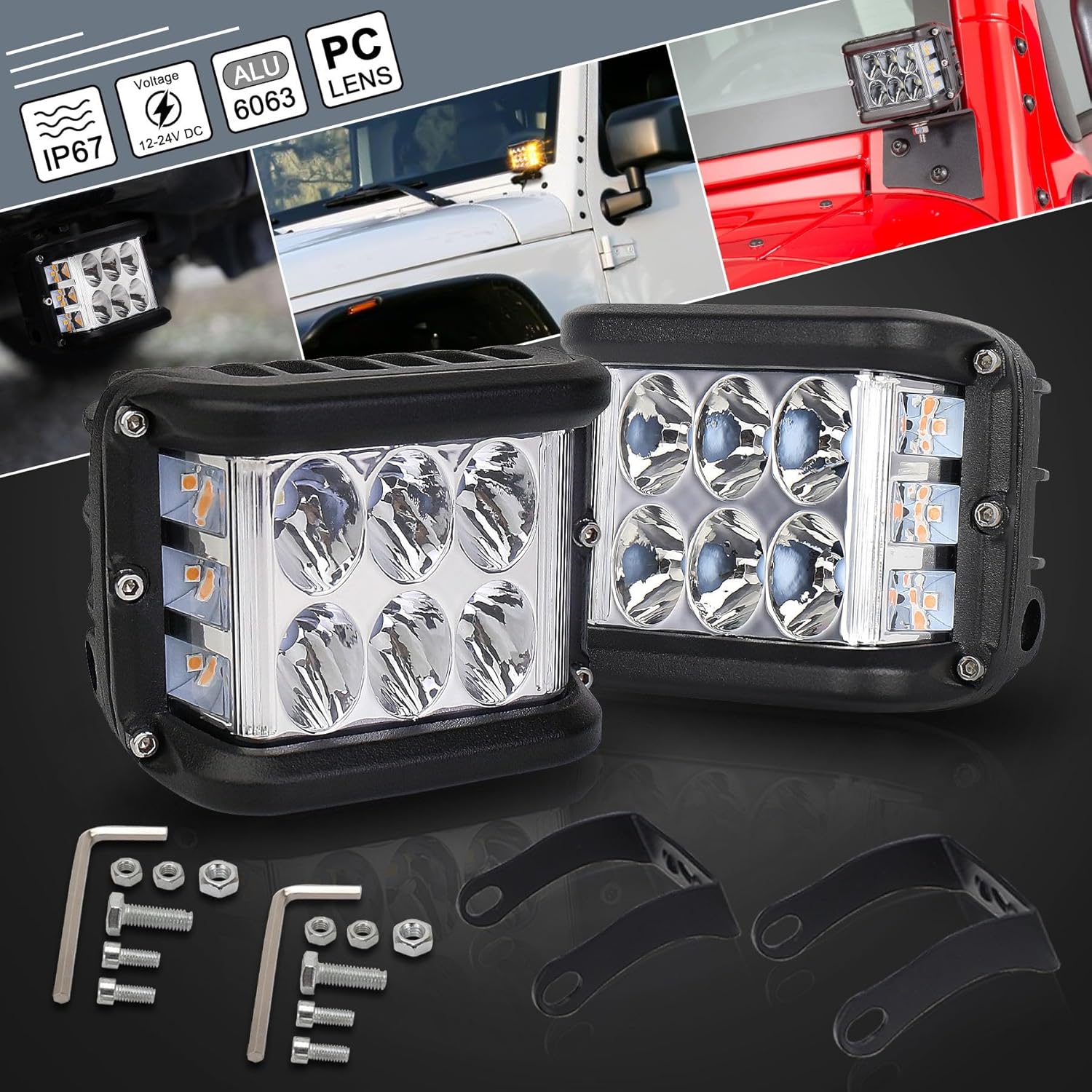 Side Shooter LED Pod Lights - 4 inch Off Road LED Light Pods with Dual Yellow Solid & Strobe Spot Beam - ATV UTV SUV 4x4 Boat