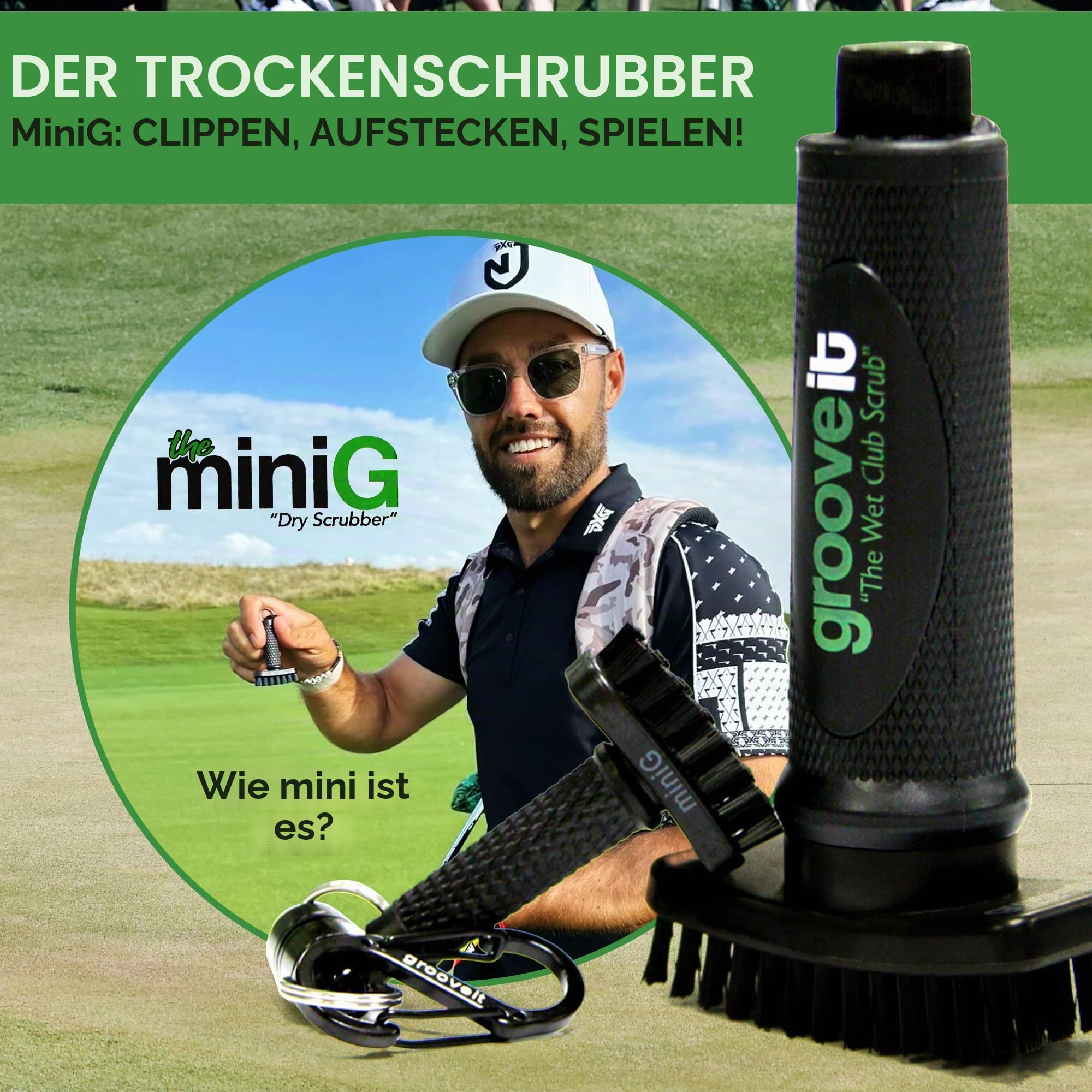 Grooveit Mini-Golfbürste. Der kleine MiniG Dry Scrubber verfügt über einen abnehmbaren Magnet, robuste Nylonborsten und 3 Jahre Garantie – verwendet auf Allen professionellen Golftouren –