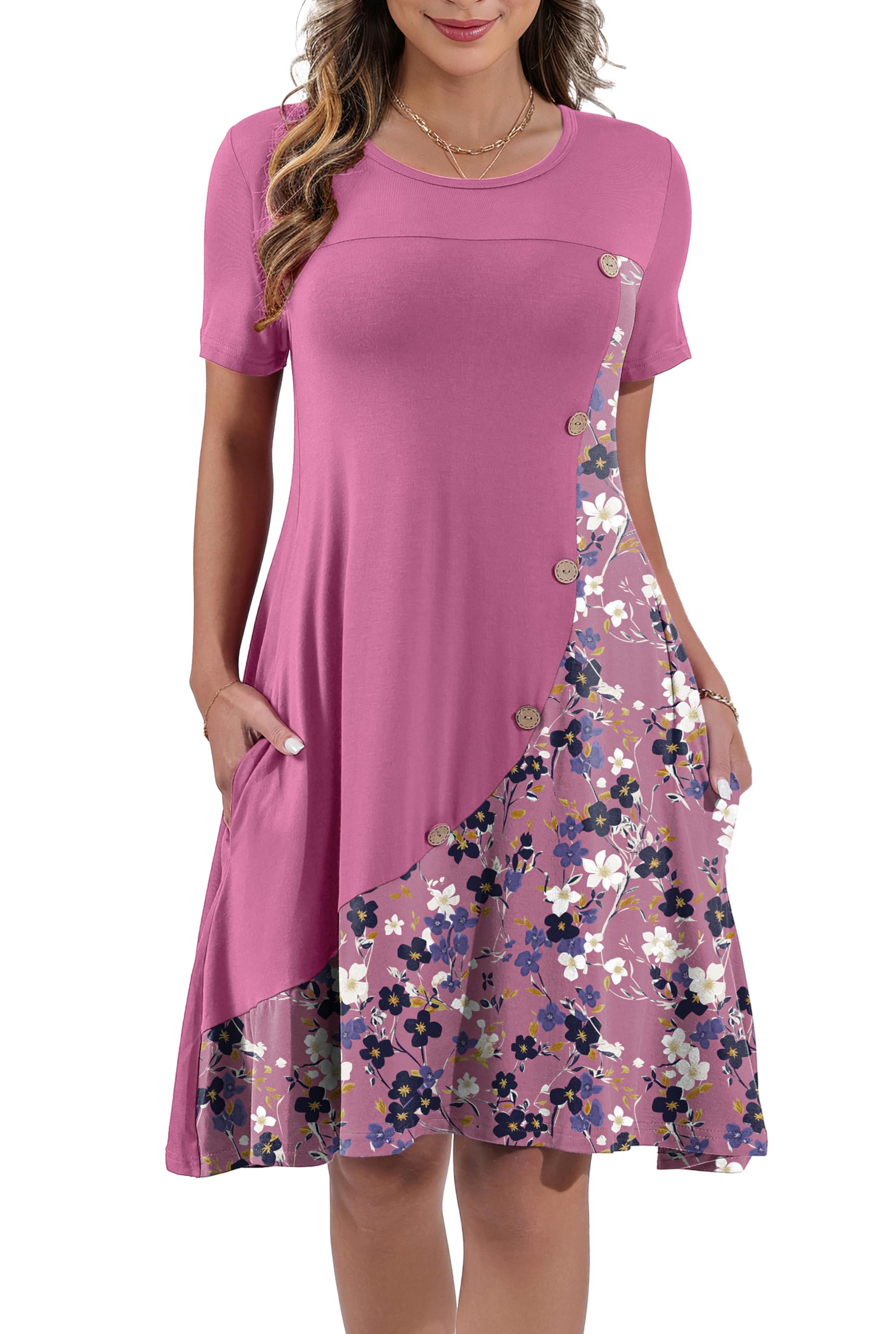Womens Summer Casual Short Sleeve Crew Neck T Shirt Dresses Loose Swing with Pockets