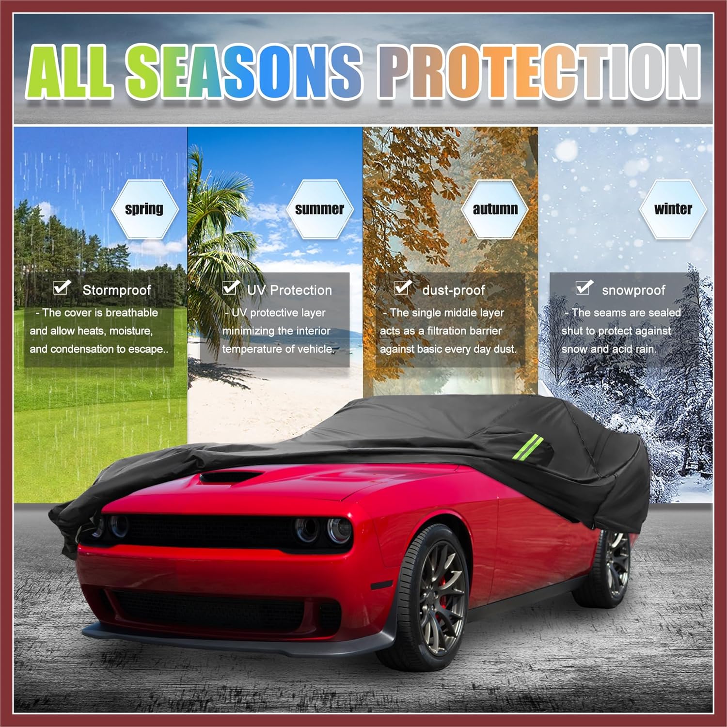 Waterproof Car Cover for Dodge Challenger SXT, GT, Hellcat, Scat Pack, SE, R/T, SRT8, T/A 2008-2023 Windproof Rain Sun Protection Outdoor Covers with Zipper Black Replace Parts