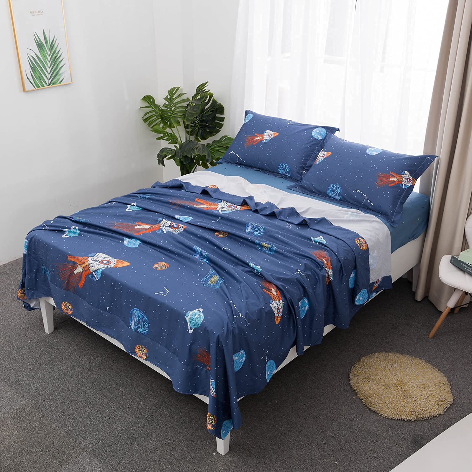 Brandream 4PC Kids Comforter Set Twin Size Cotton Space Rocket - Main Image