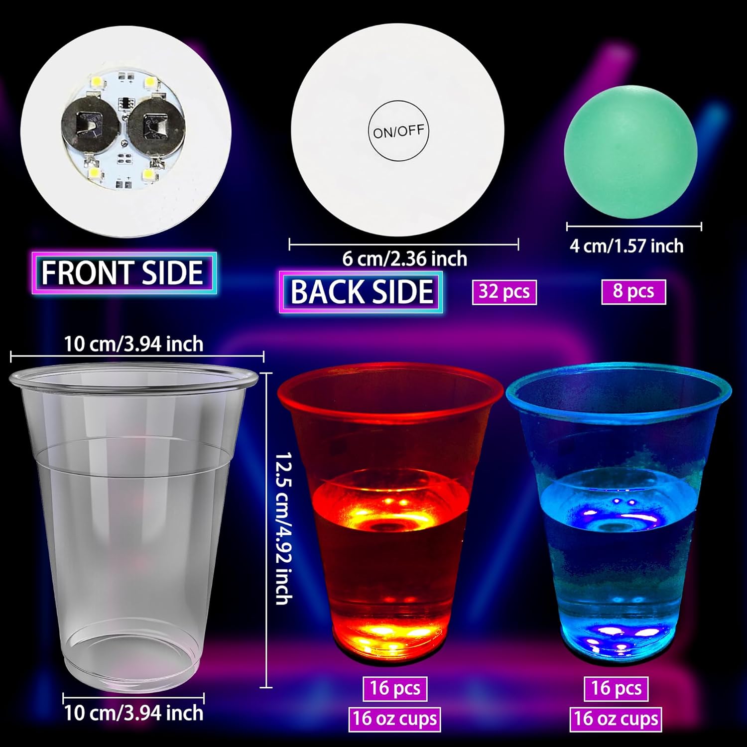 32 Sets Bright Glow in The Dark Party Cups Light up Balls for Night Events Birthdays Carnivals Festivals Party Game Supplies (Color Style 1)