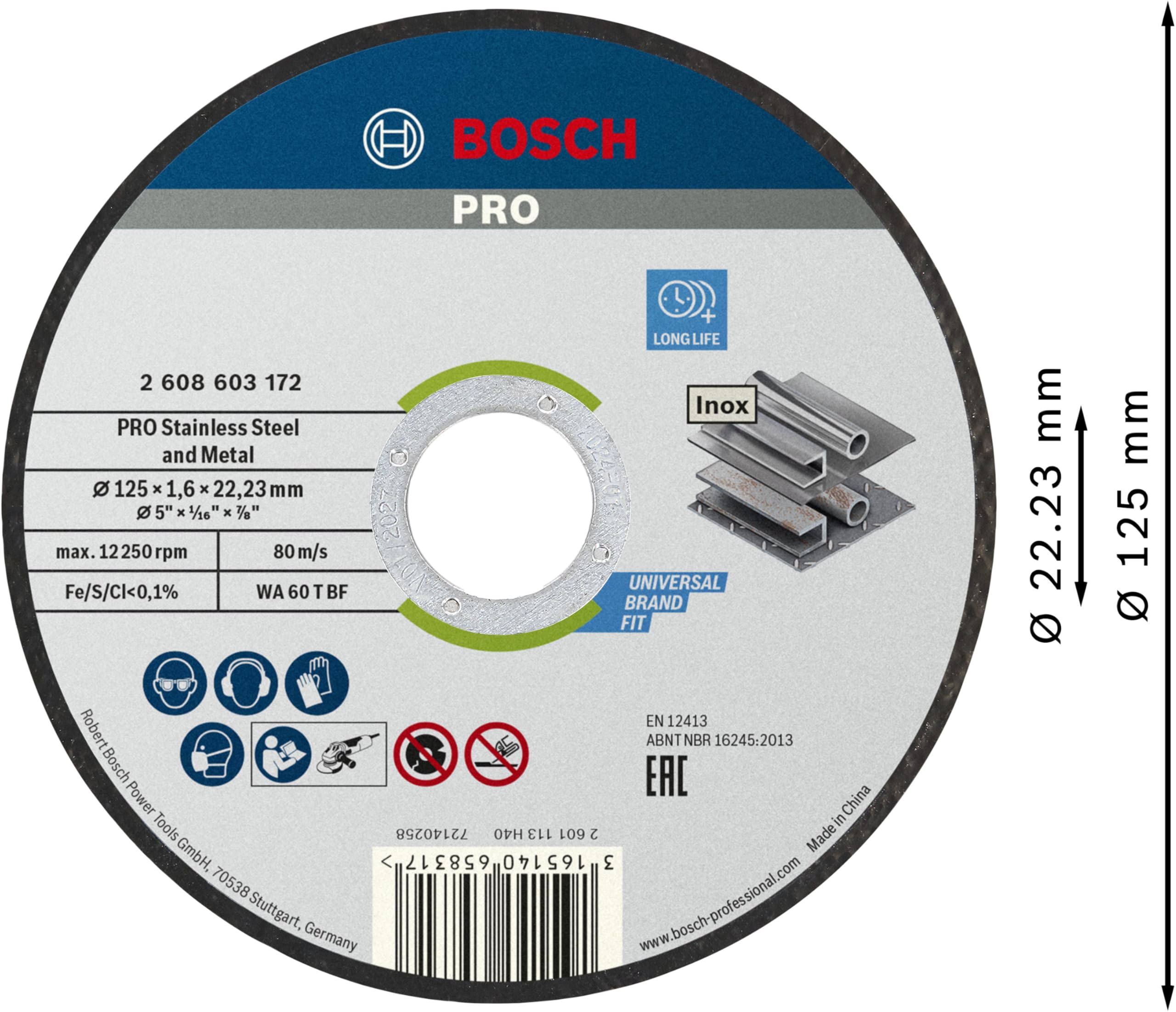 Bosch 100 dischi da taglio Pro in acciaio inox e metallo legati (Ø 125 mm, accessori professionali piccola smerigliatrice angolare)