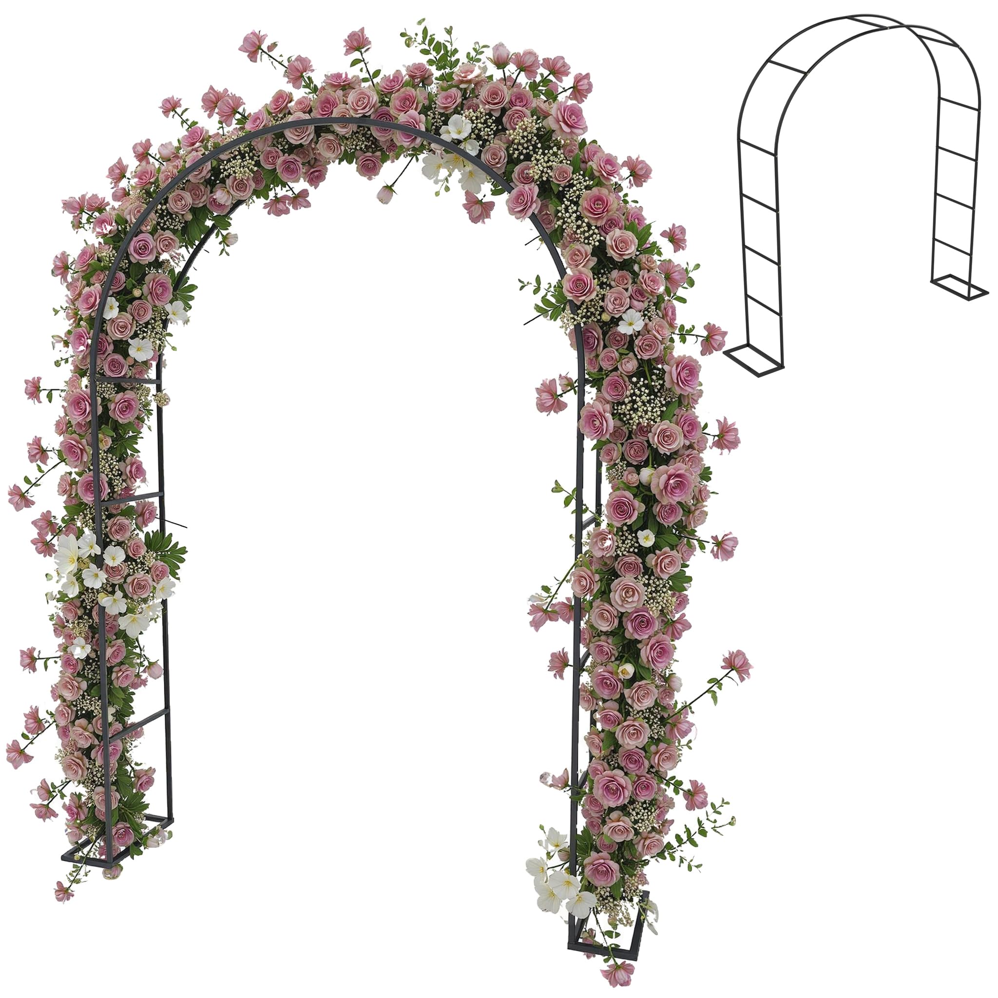 Yunvin Metal Garden Arch, 2.4m Rose Arch Trellis with Base, Steel Frame for Climbing Plants, Roses, Wedding Arch, Garden Decoration, Freestanding Rose Frame, Black