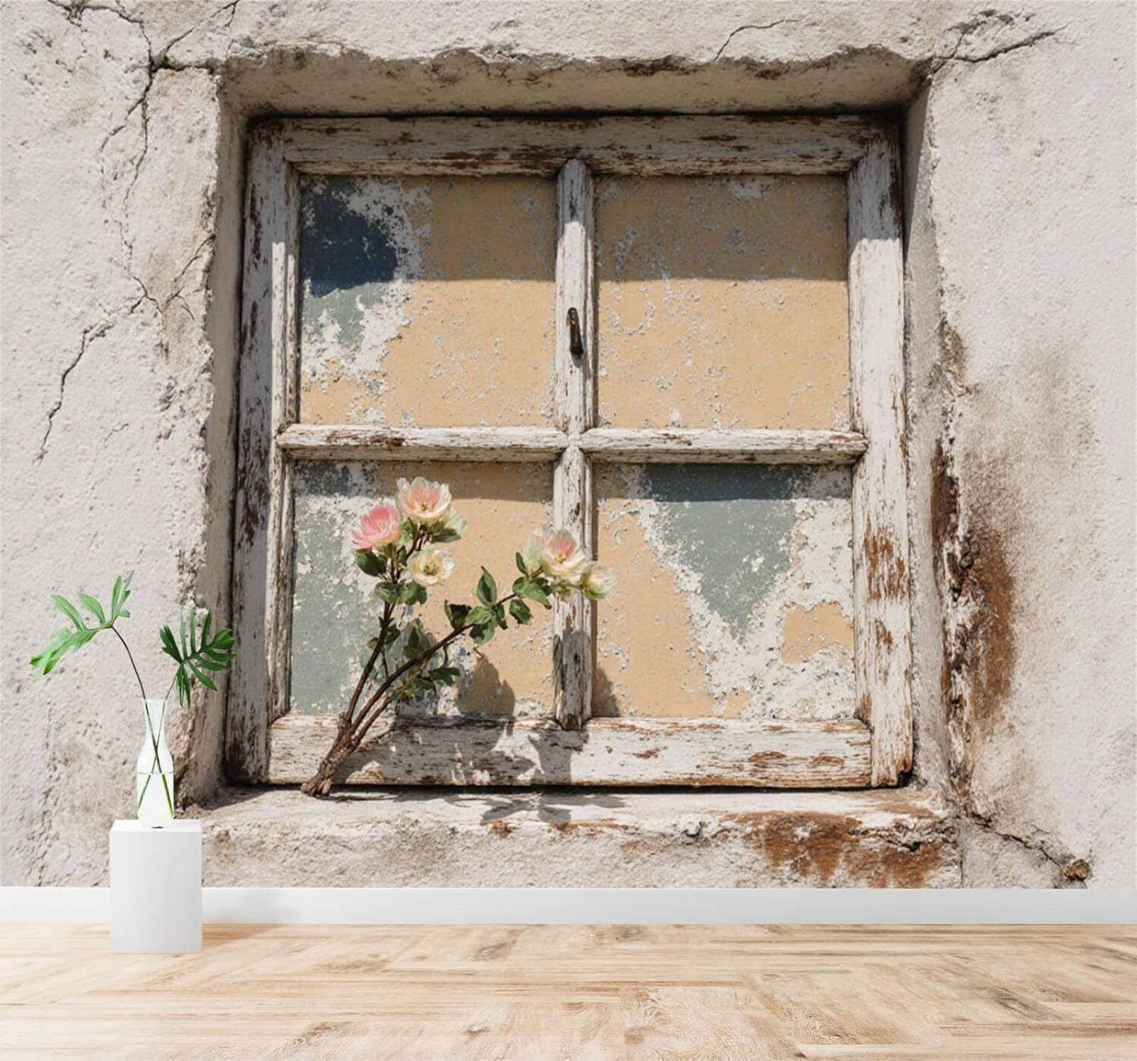 XLMING Pink Flowers Countryside Vintage Window 3D Wallpaper Premium Textured Silk Study Dining Living Room Bedroom Sofa TV Wall Easy Install-400cm×280cm