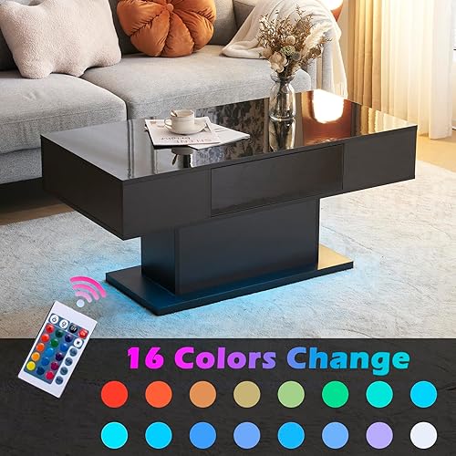 Miniatura 6 de Karl home Mesa de centro con luz LED, mesas de centro modernas de alto brillo con 1 cajón para sala de estar, mesa central de 43.3 pulgadas, mesa de