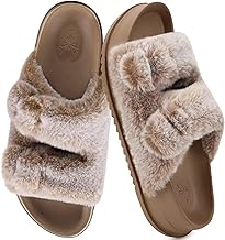 KuaiLu Women's Fluff Slippers Plantar Fasciitis Comfortable Platform Sandals with Arch Support Ladies Open Toe Faux Fur Sliders Womens House Slipper UK 4-10