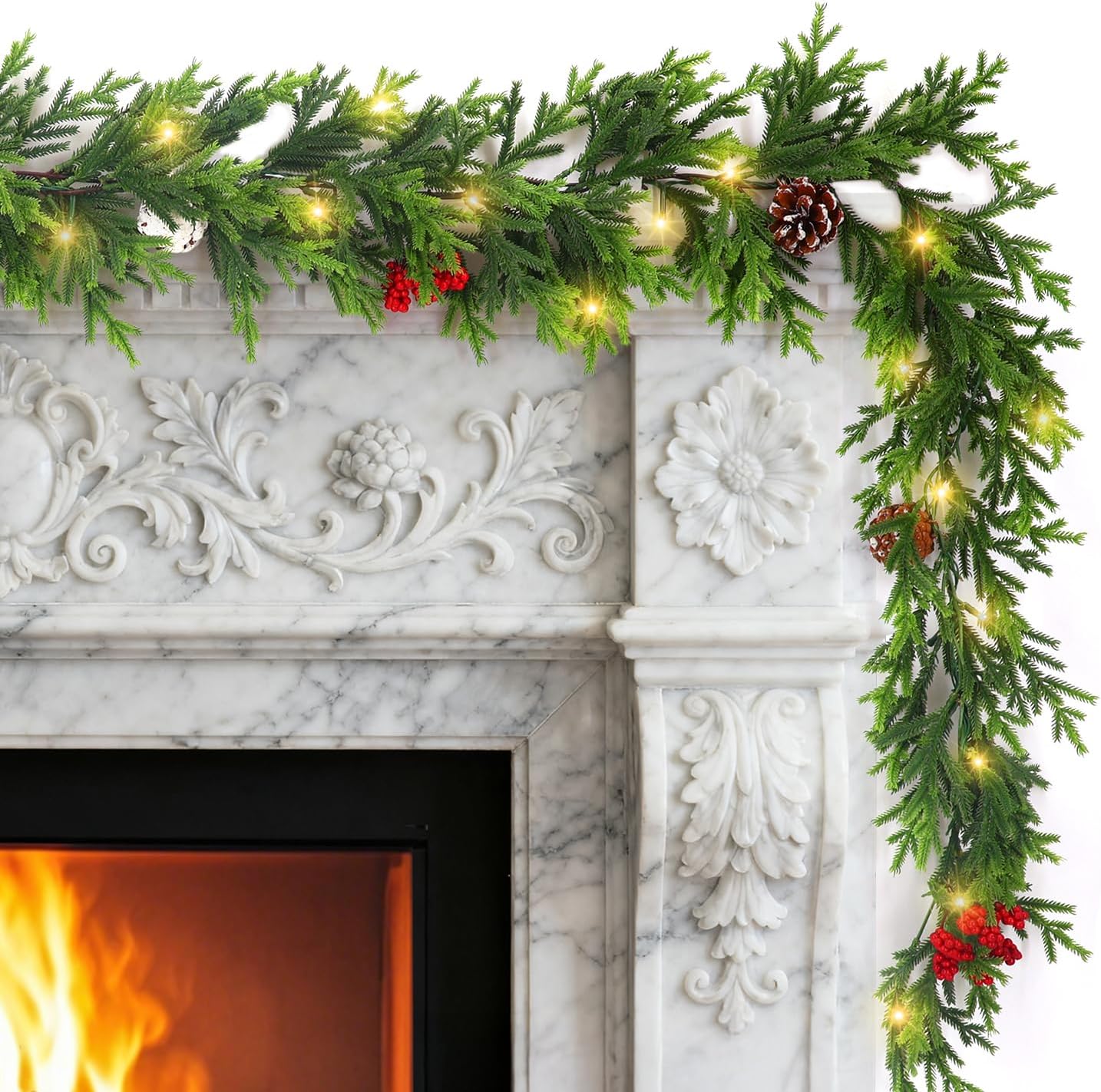 6FT Prelit Christmas Garland with Lights, Realistic Cedar Garland with Red Berries Pine Cone Artificial Real Touch Greenery Lighted Xmas Garland for Mantle Stair Railing Fireplace Decorations