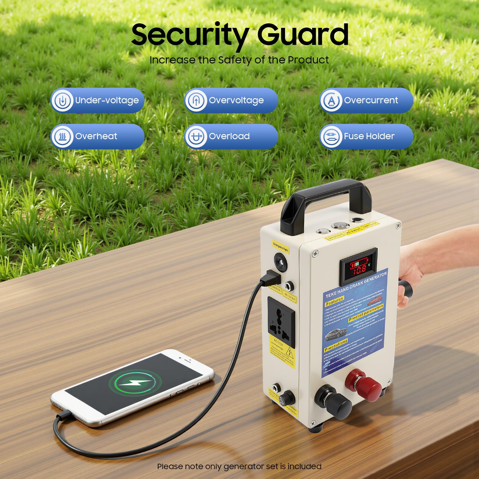 Generador de manivela, 20 A, 15600 mAh, estación de energía portátil, fuente de alimentación manual de alta potencia, cargador de emergencia con mango y líneas de cable para operaciones de campo