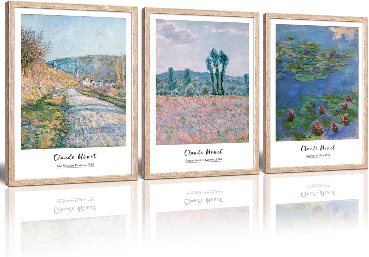 Vintage Claude Monet Canvas Wall Art, Framed Impressionism Landscape Paintings Office Decor, Minimalist Classic Botanical Poster Prints Home Decoration for Bedroom Living Room - 12"x16"x3 Piece