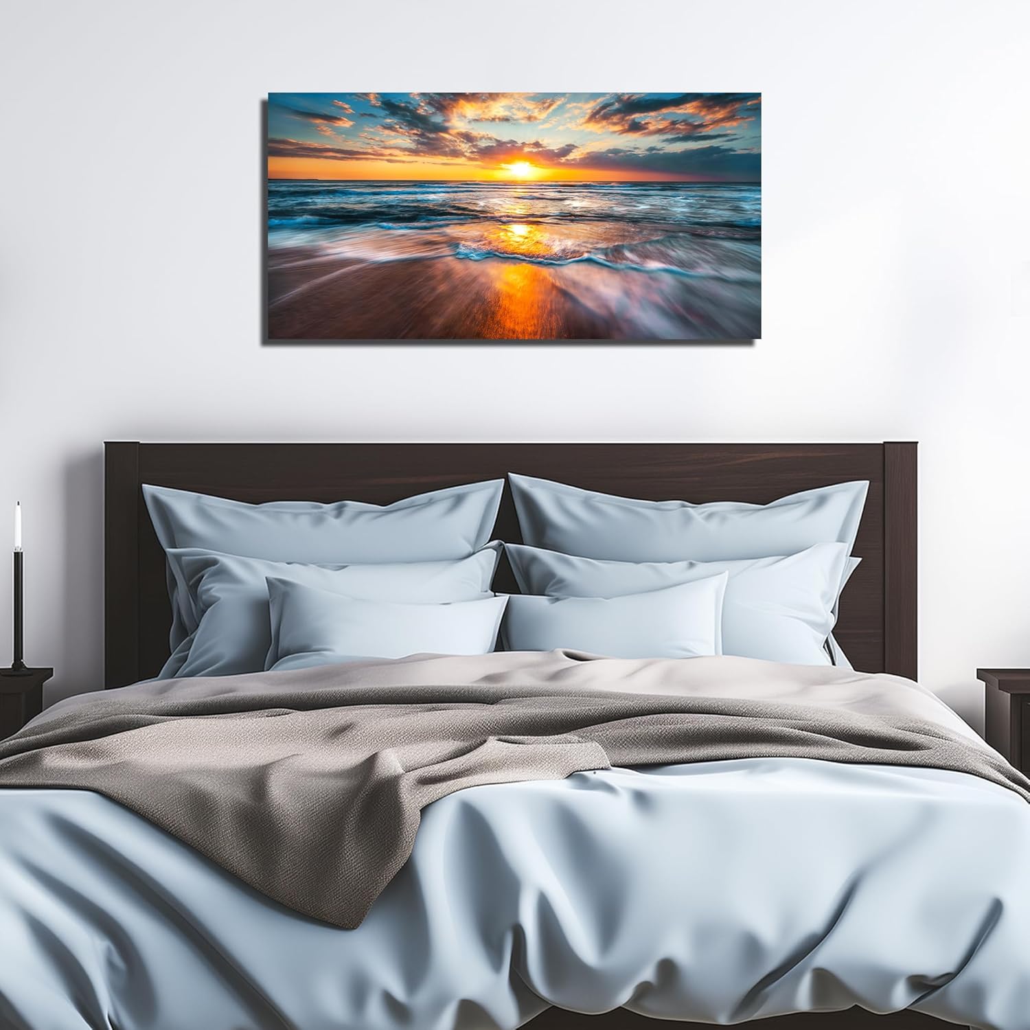 GUGIKA Sun Wall Art for Living Room, Blue Wave and Large Coastal Beach Wall-Decor for Bedroom, Gold Sun Scenery Poster Canvas Print, Size 40 x 20 Inches