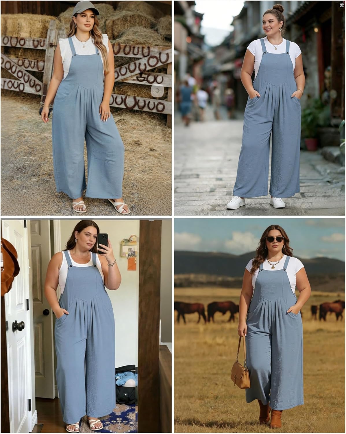 Moon Wood Plus Size Overalls for Women Loose Fit Bib Rompers Adjustable Straps Wide Leg Jumpsuits with Pockets