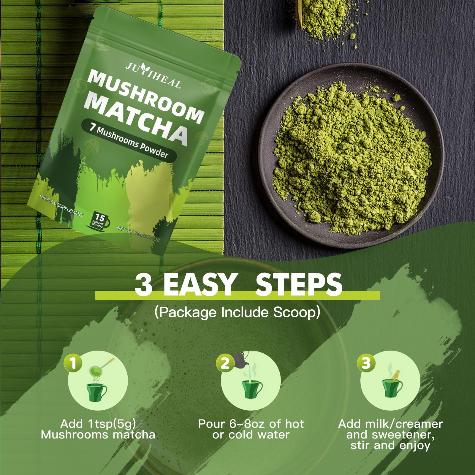 JUYIHEAL Mushroom Matcha Japanese Ceremonial Matcha Infused with 7 Superfood Mushrooms MCT Oil Coconut Milk Powder Energy Focus — view 5