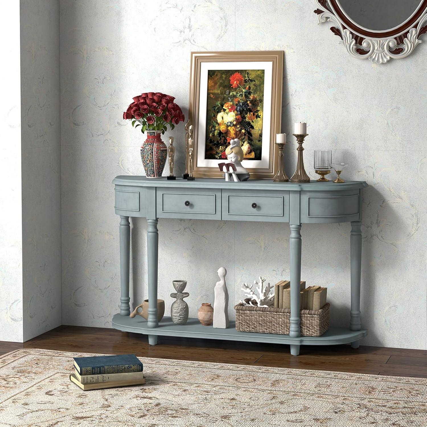 52" Blue Wood Console Table with Storage Drawers and Shelf