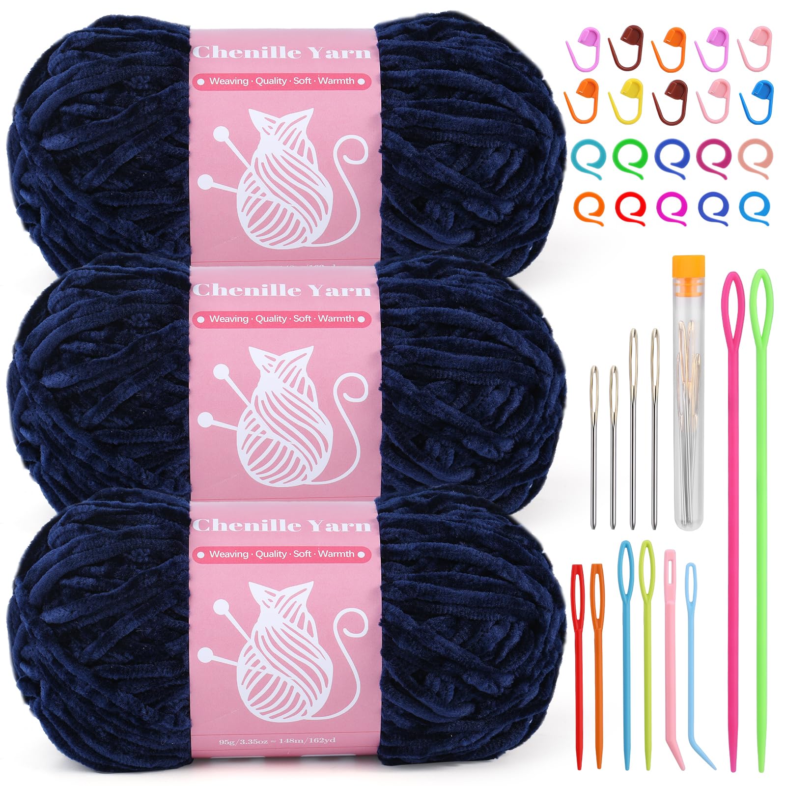 LUNARM Chenille Yarn for Crochet Knitting Chunky Blanket Velvet Yarn | 3 Pack 3.5oz/100g 486 Yard Navy Blue Chenille Yarn for Beginners Knitting Scarves with Big Eye Needles Machine Washable