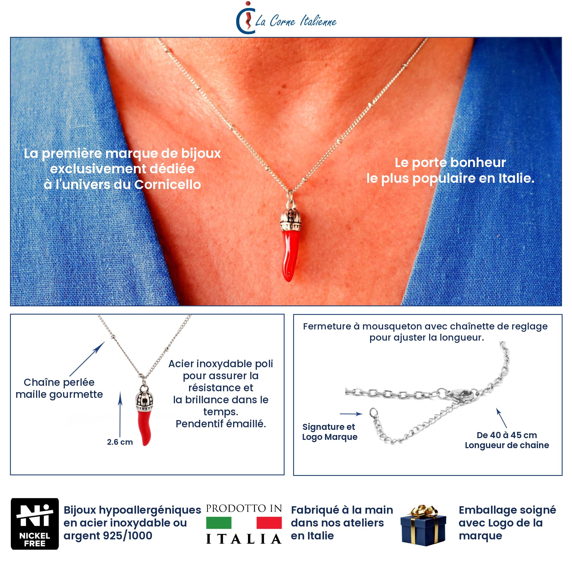 La cuerno italiano collar L'Iconica cadena de cuentas de acero plateado Corno Corona de acero