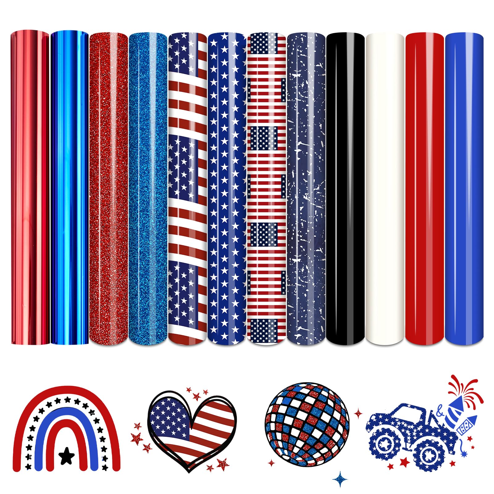 Tintnut Patriotic Flag Glitter Heat Transfer Vinyl, 12 Pcs Iron on Vinyl