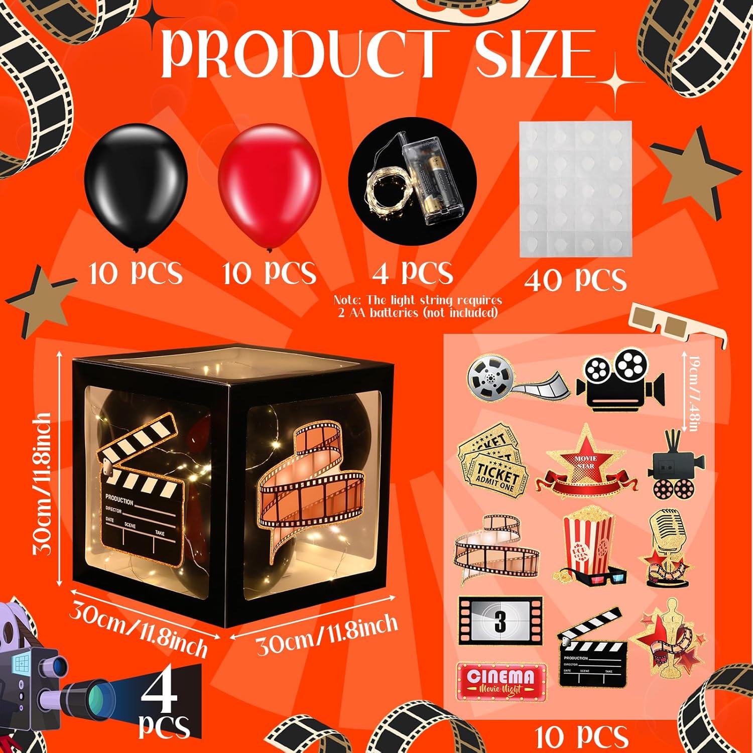 Seenelling 42 Pcs Movie Night Party Decorations Include 4 Film Balloon Boxes 20 Red Black Balloons 4 LED Lights 12 Film Cutouts with 2 Adhesive Dots for Movie Night Party