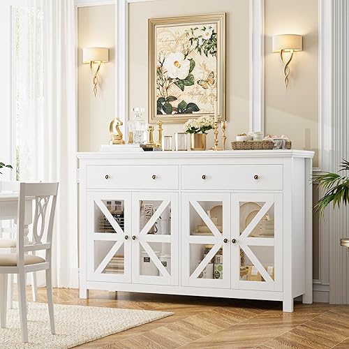 Miniatura 4 de FOTOSOK Armario de buffet negro con almacenamiento, armario grande de 55.1 pulgadas con 2 cajones y 4 puertas de vidrio, armario de barra de cofre