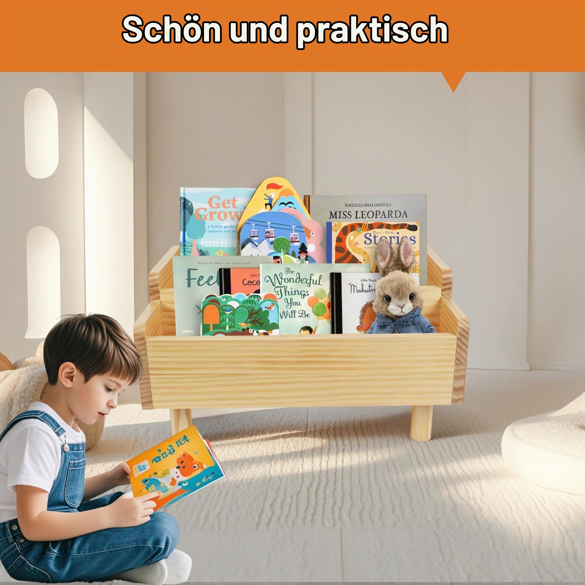 Kinder-Bücherregal,Montessori-Bücherregal klein für Kleinkinder,Baby-Bücher Aufbewahrungsregal mit Trennwand,Bücherhalter aus Holz für Spielzimmer,Kinderzimmer,Kinderkrippe,Klassenzimmer,Kiefer