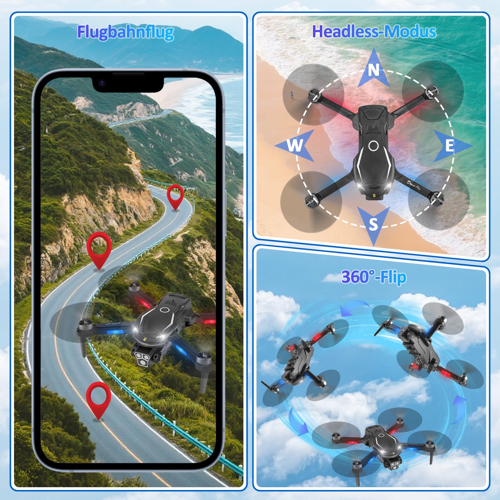 Drohne mit Kamera HD 4K,RC Faltbare FPV WiFi Live Ãœbertragung Drohne für Kinder Anfänger, 2 Akku,Bürstenloser Motor, Flugbahnflug, Hindernisvermeidung, One Key Start/Landen, Headless Modus