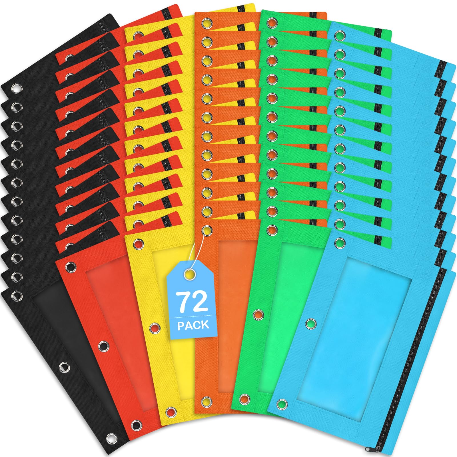 SpringFlower Federmäppchen für 3-Ringbinder, Federmäppchen in 6 verschiedenen Farben, glatter Reißverschluss, für Schule und Büro, mit transparentem Fenster, 72 Stück