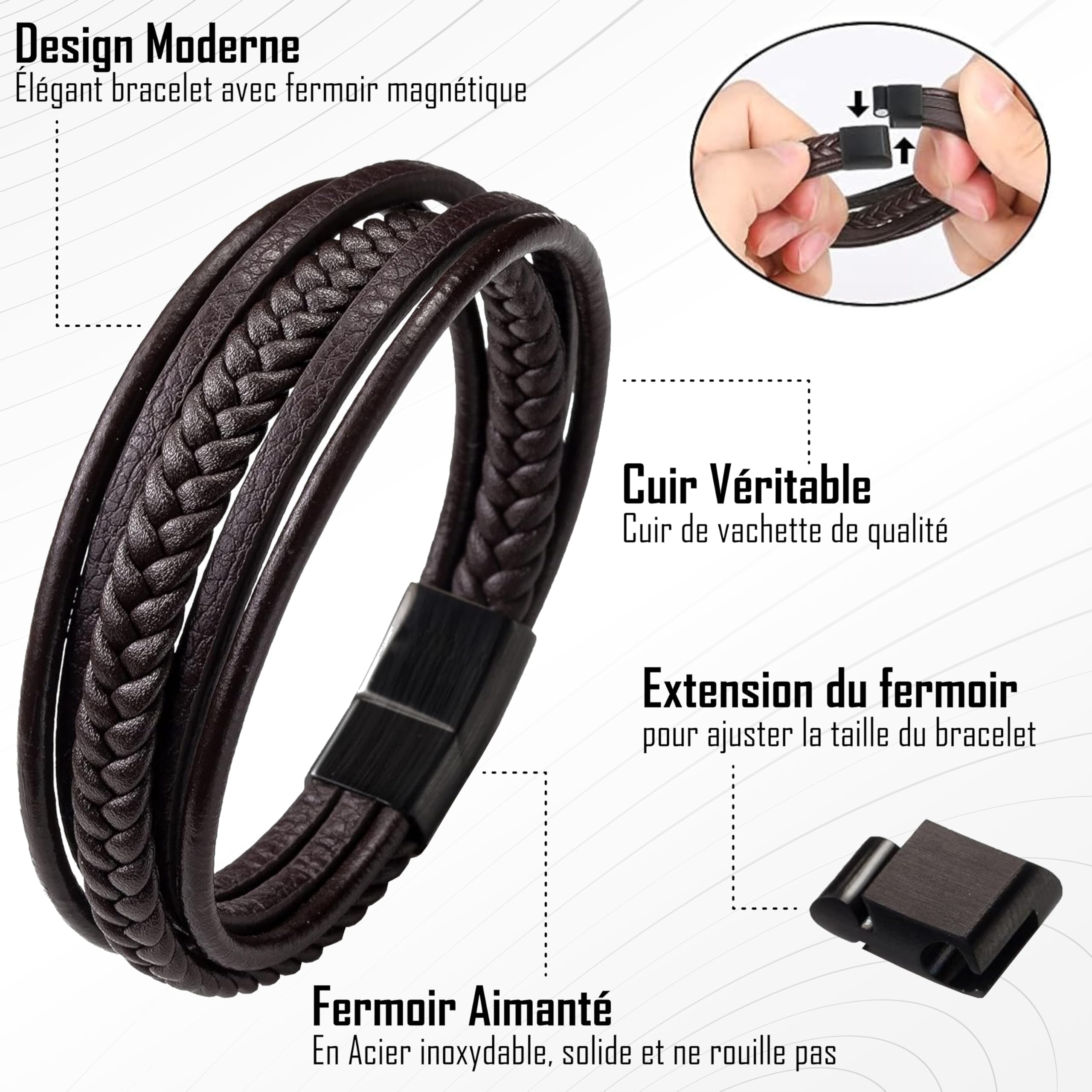Bracelet en cuir pour ado garçon/jeune homme – Cuir véritable, fermoir aimanté acier inoxydable, taille ajustable 14 à 18,5 cm, coffret cadeau