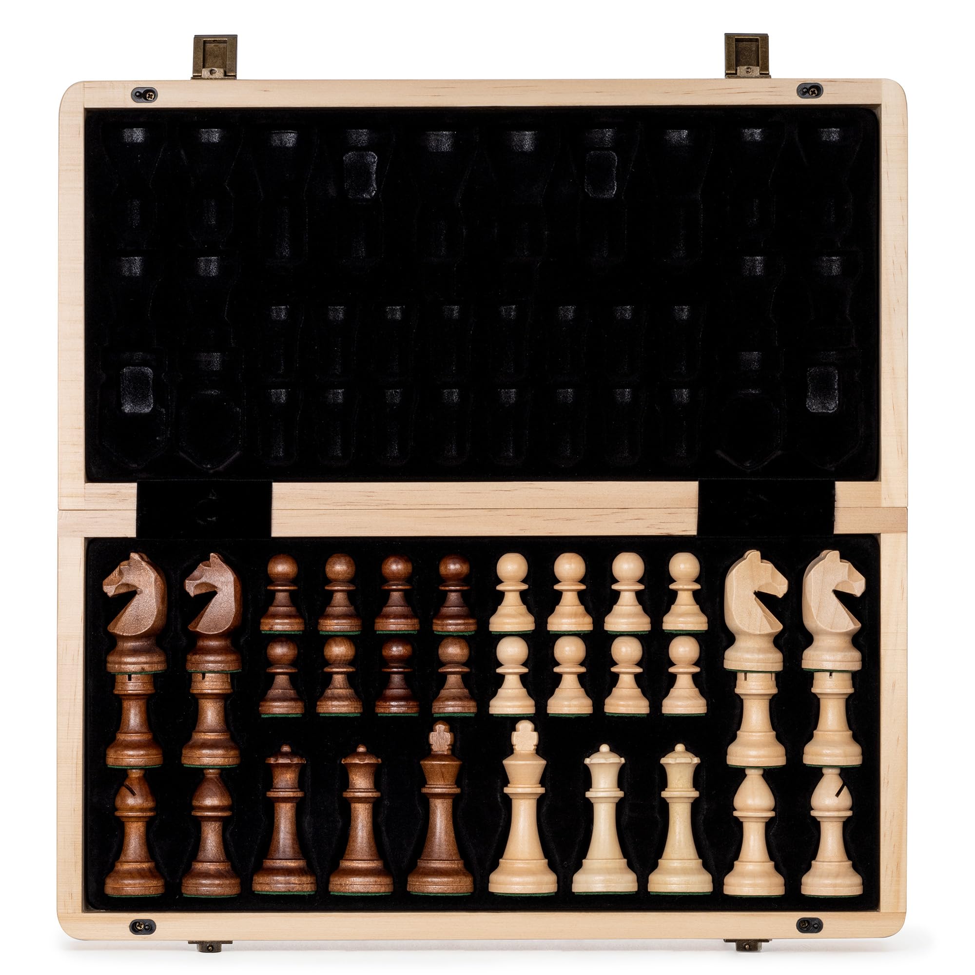A&A 15" Wooden Chess Set/Folding Board / 3" King Height German Knight Staunton Chess Pieces w/Maple & Walnut Inlay / 2 Extra QueensThe Forest Stewardship Council