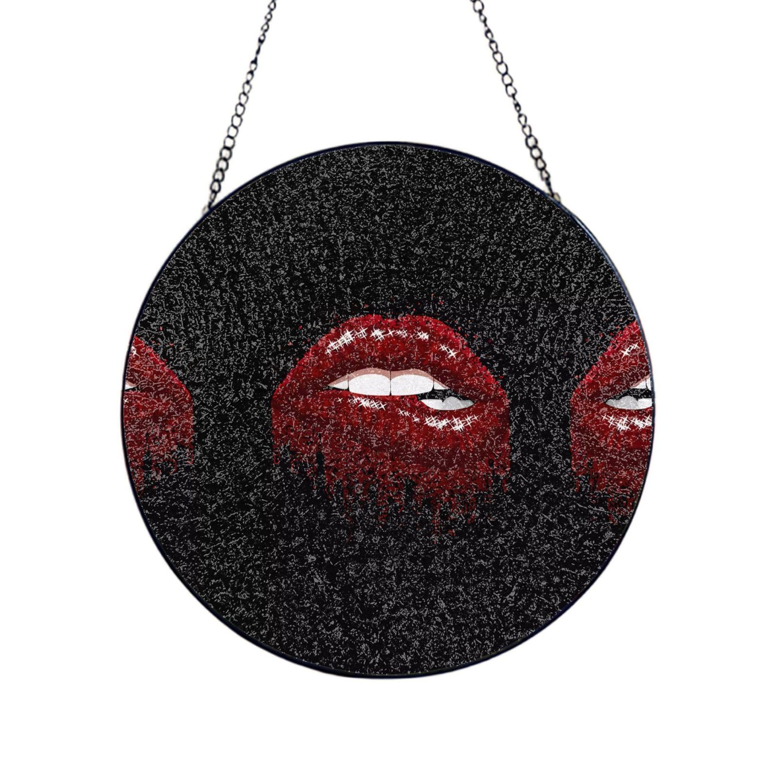 Phayah Red Lips Print Glass Window Hanging Round Suncatcher Glass Ornament Garden Wall Fence Decorations Indoor Outdoor 12in（30cm）
