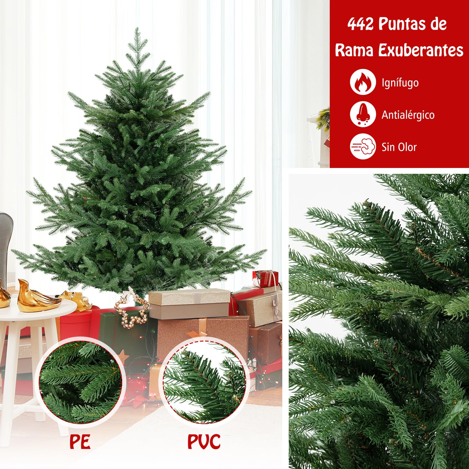 COSTWAY Árbol de Navidad Verde 135/180 cm, Arbol de Navidad con Luces Incorporadas, 160/240 Luces LED Blanco Cálido, 8 Modos, 442/778 Ramas de PE y PVC, Arvore de Natal Hogar Oficina Fiesta (135 cm)