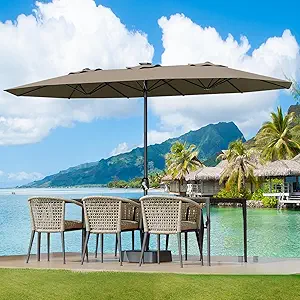 Large Patio Umbrella with Base Included, Double-Sided Rectangle Market Umbrella with Cross Base and Sandbag for Pool Lawn Garden (Tan, 15FT)