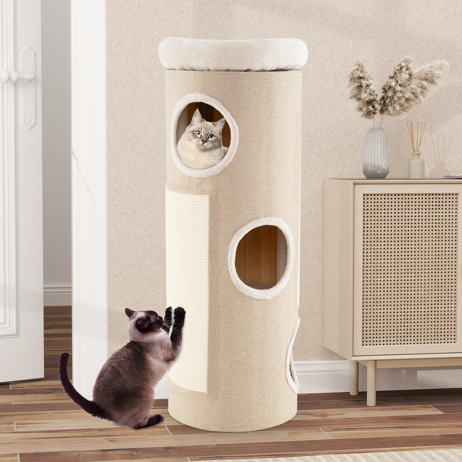 SOARS Barril rascador para gatos XXL, 113 cm, con 3 cuevas y cama de peluche extraíble, árbol rascador, torre para gatos, diámetro de 39 cm (beige)